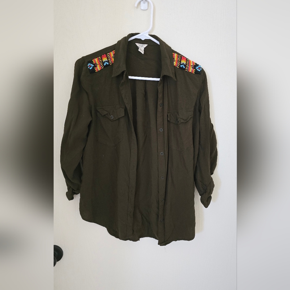 Embroidered Olive Green Button-Up Shirt